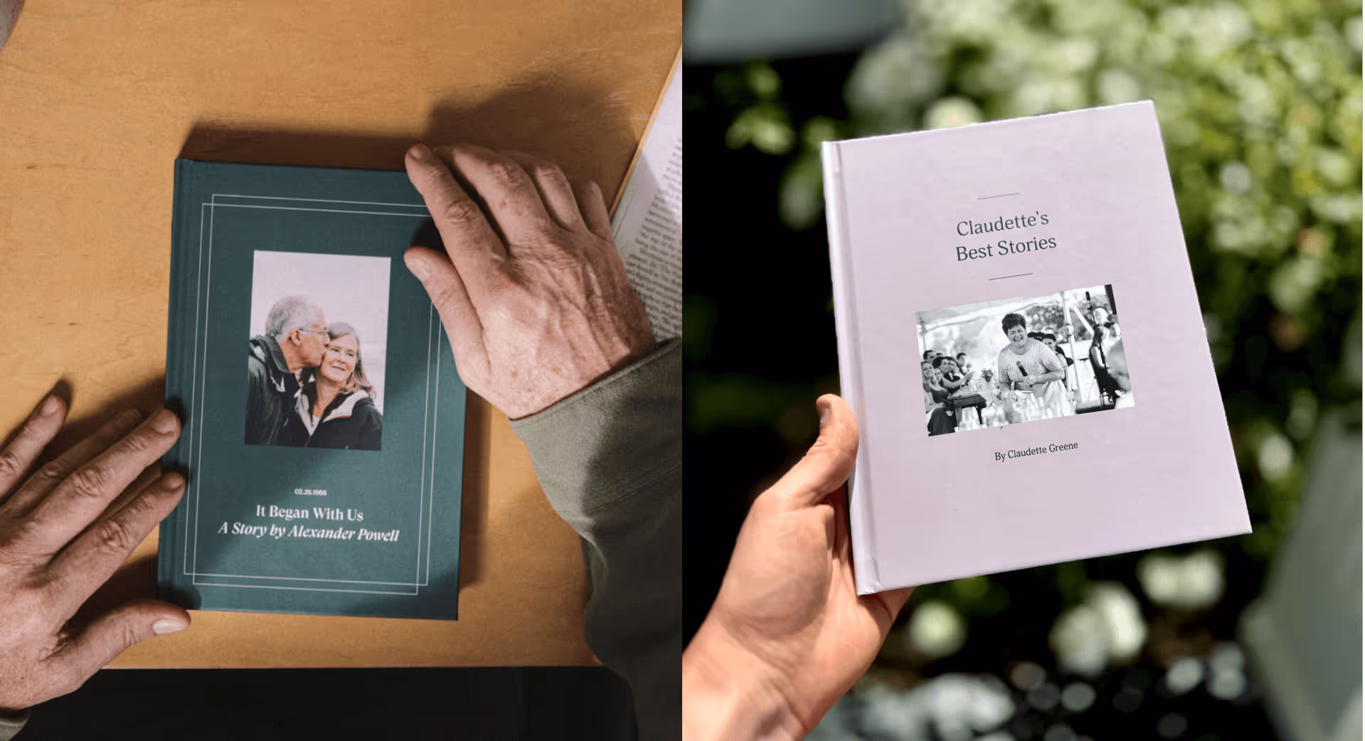 On the left, a photo of the Storyworth hard-cover book. On the right, a photo of the Remento hard-cover book