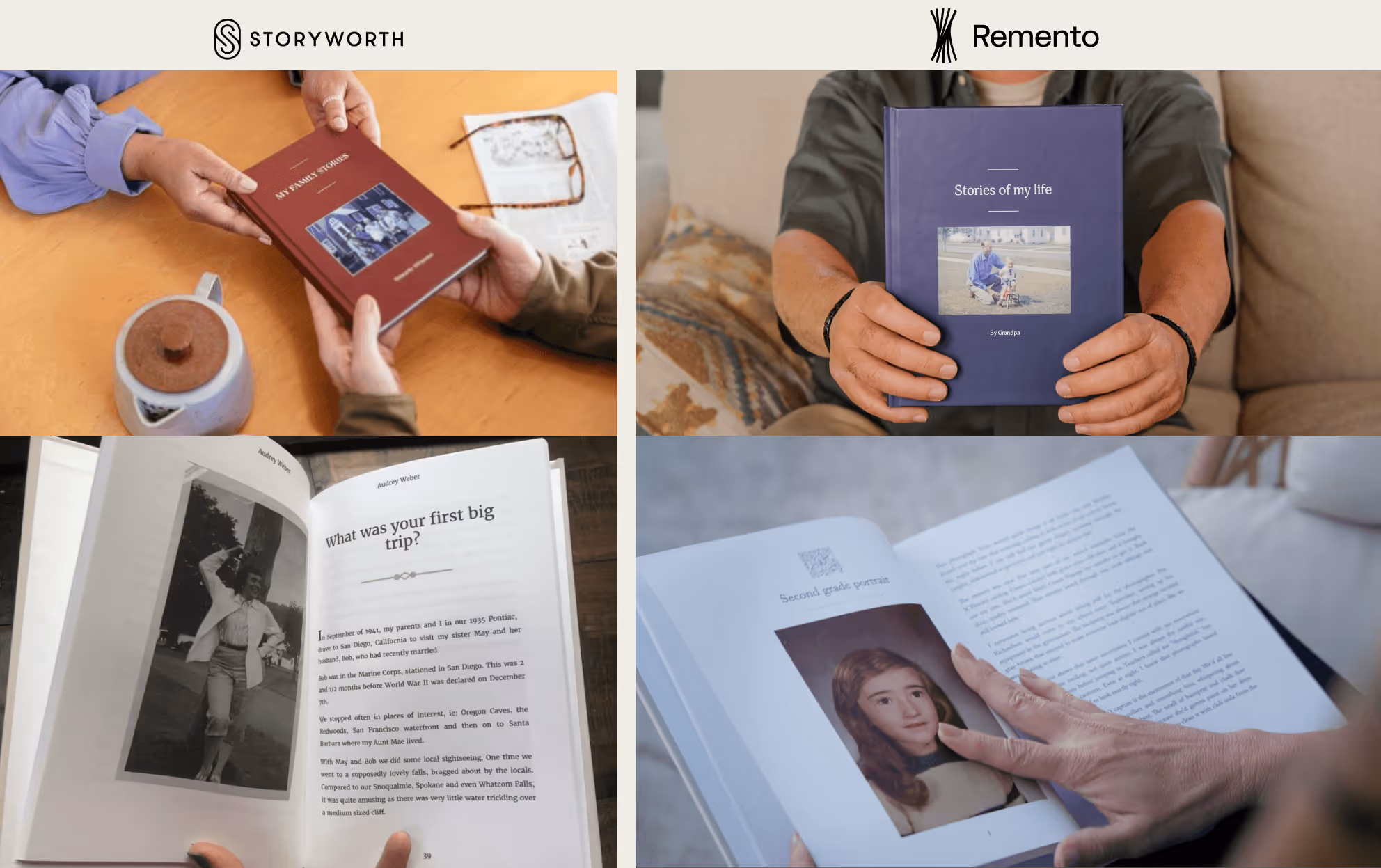 On the left, a photo of the Storyworth hard-cover book. On the right, a photo of the Remento hard-cover book