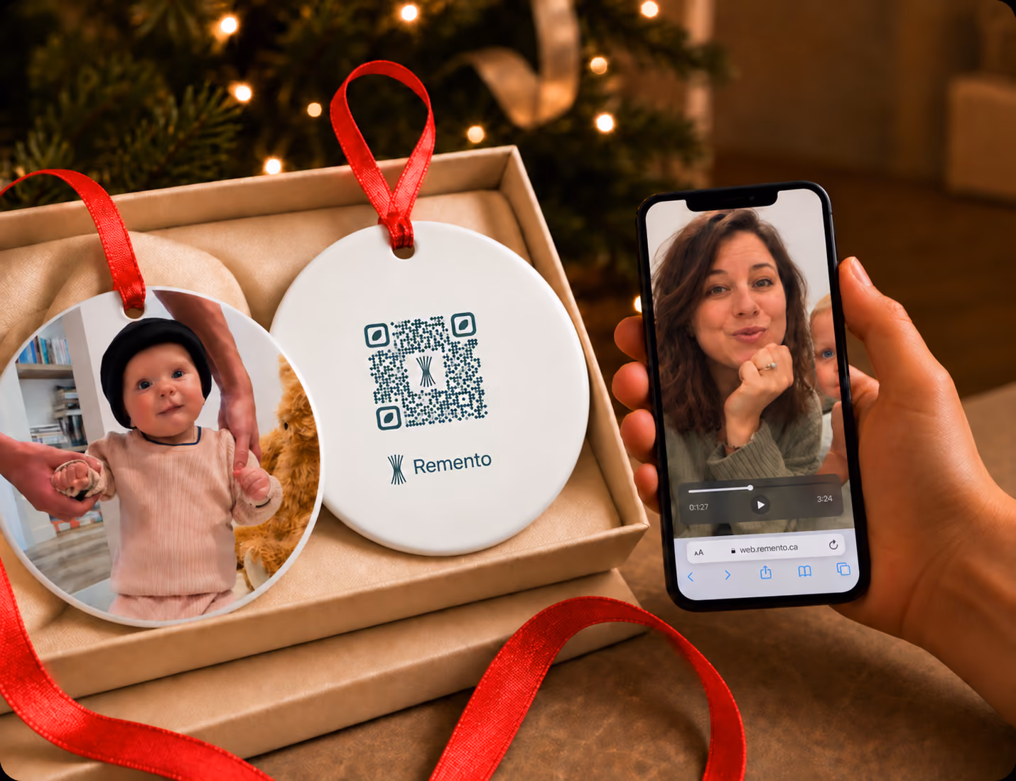 Baby photo ornament in a gift box beside its QR code back and a phone playing a recorded message