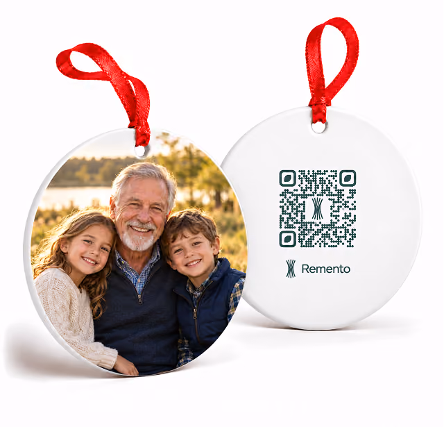 Grandfather with two grandchildren on a grandparents photo ornament with QR code back