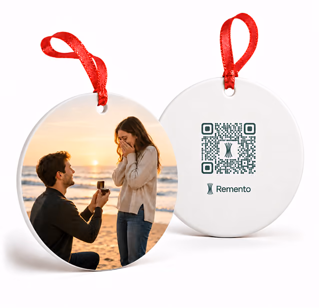 Beach proposal on an engagement photo ornament, shown front and back with its QR code