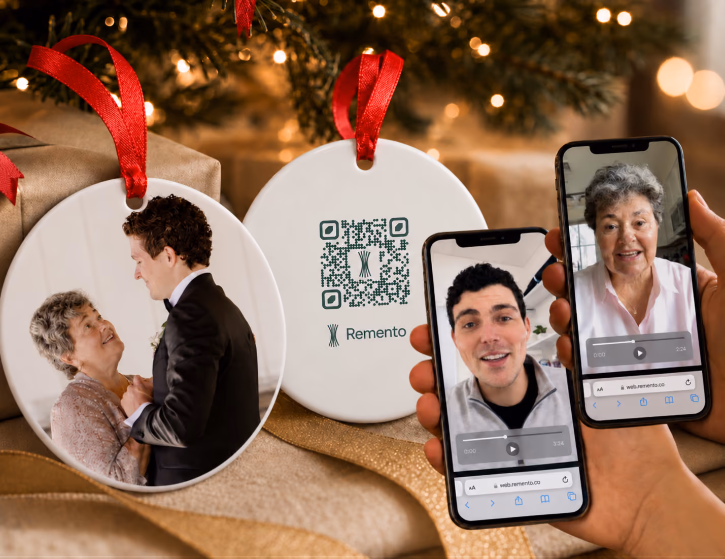 Family photo ornament with QR code back as a son and grandmother record video messages on phones