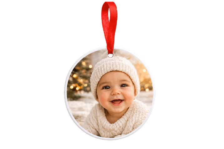 Ceramic photo ornament with red ribbon showing a smiling baby in a knit hat