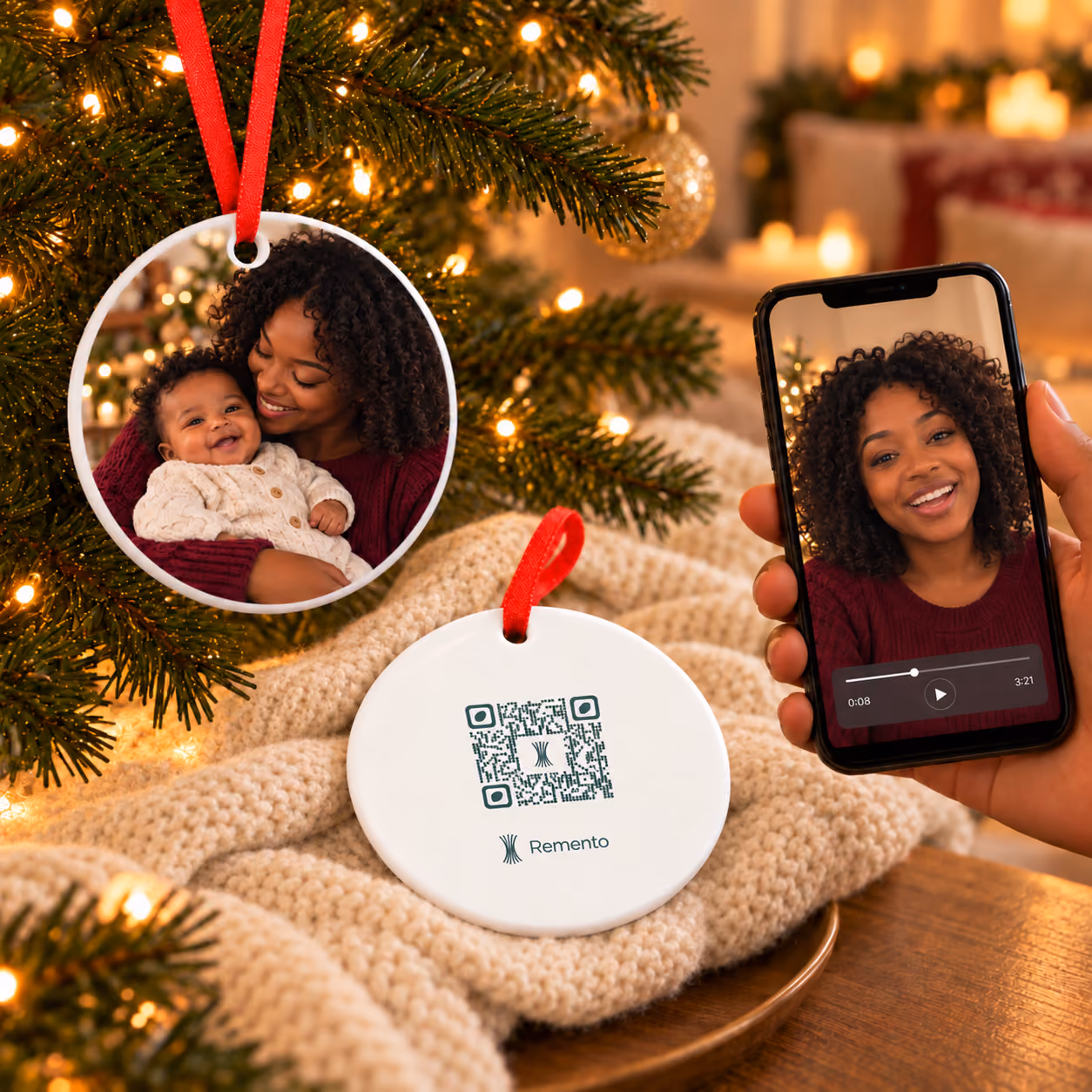 Baby's first Christmas photo ornament of mom and baby on a tree, QR code back, and phone playing mom's video message