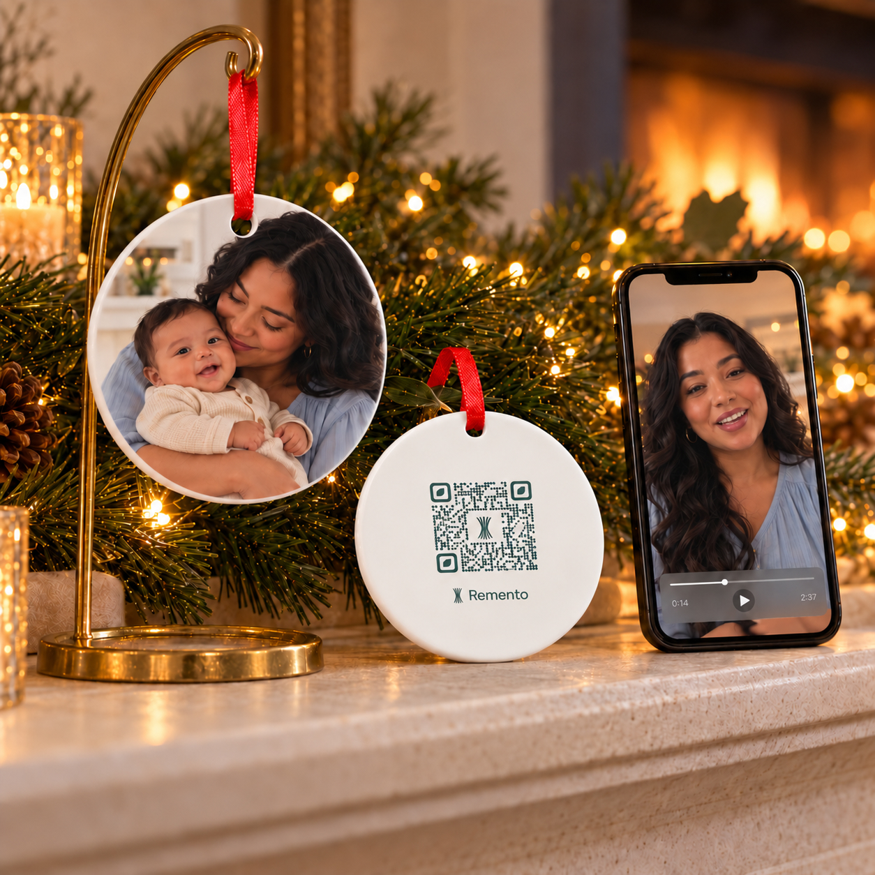 Mom and baby photo ornament on a mantel stand beside its QR code back and a phone playing her recorded story