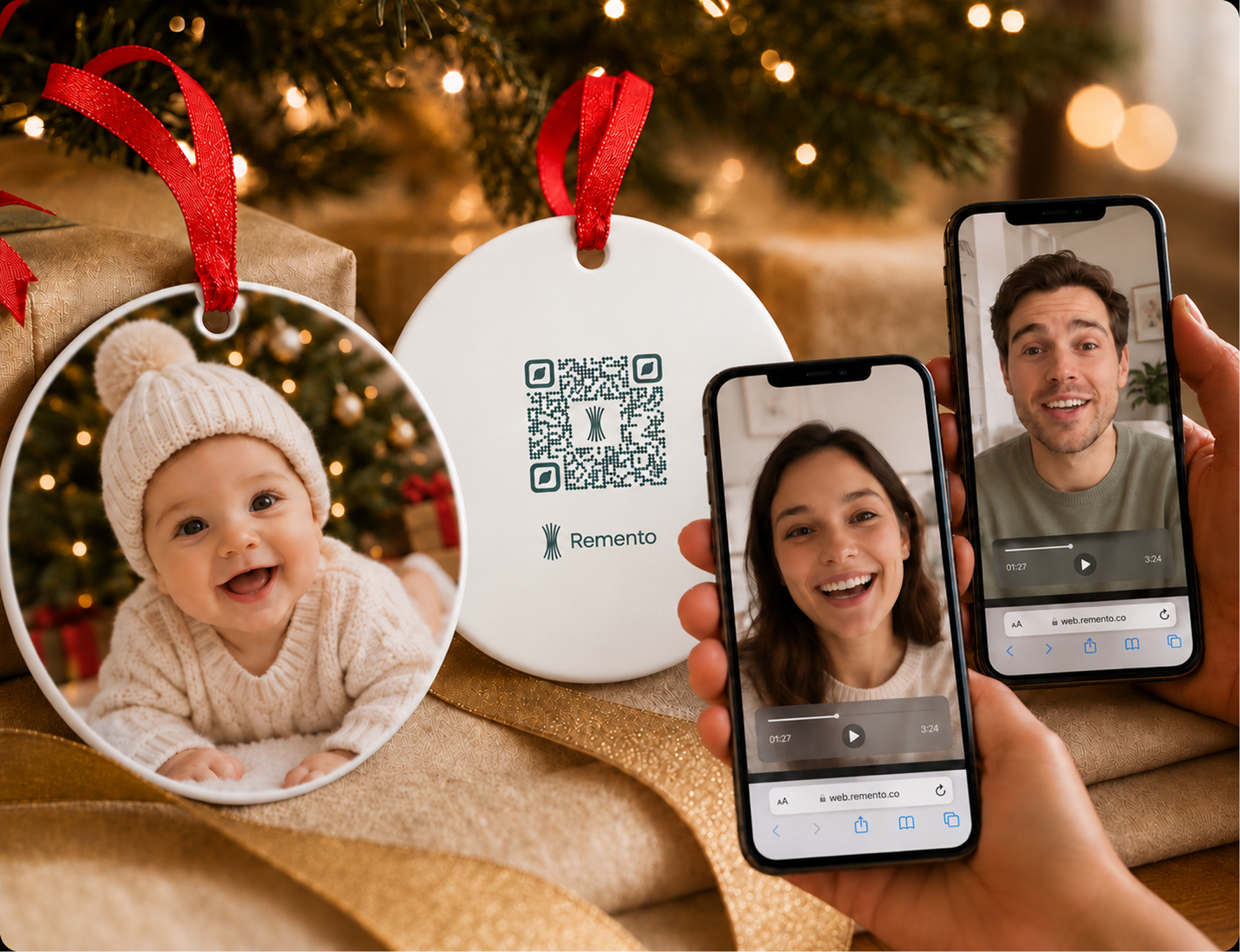 Baby's first Christmas photo ornament with QR code back as parents record video messages on their phones