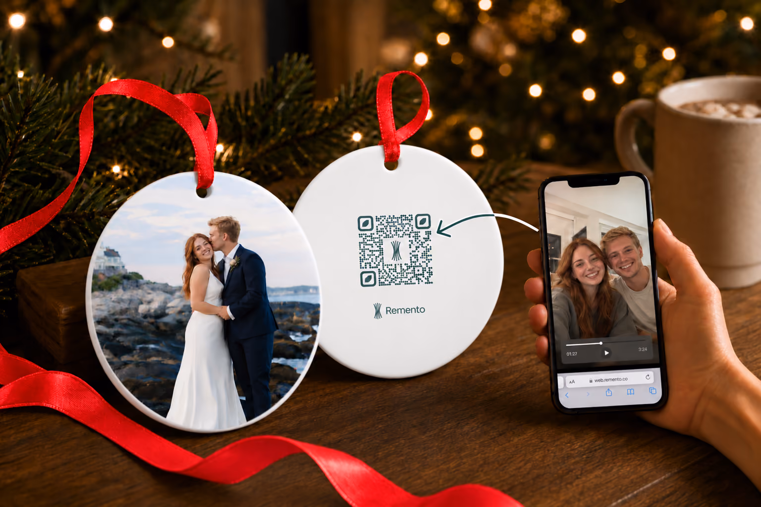 Wedding photo ornament and QR code back with red ribbon as a phone plays a recorded video story