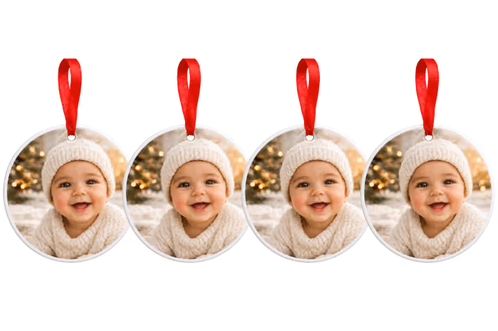 Four matching baby photo ornaments with red ribbons, a bundle of Christmas ornaments