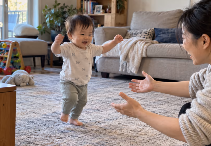 Toddler taking first steps toward mom's outstretched arms in the living room