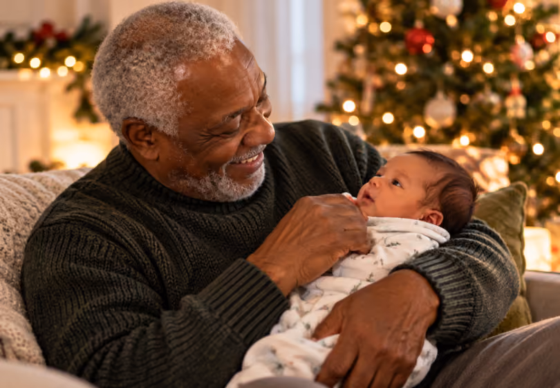 Grandfather cradling a newborn grandchild on the couch beside a lit Christmas tree