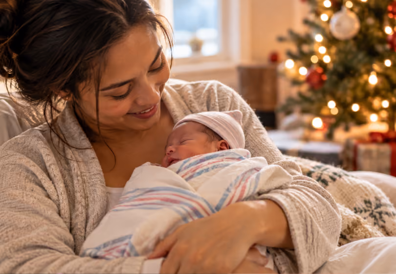 Mother smiling down at her sleeping newborn swaddled in a blanket near a Christmas tree