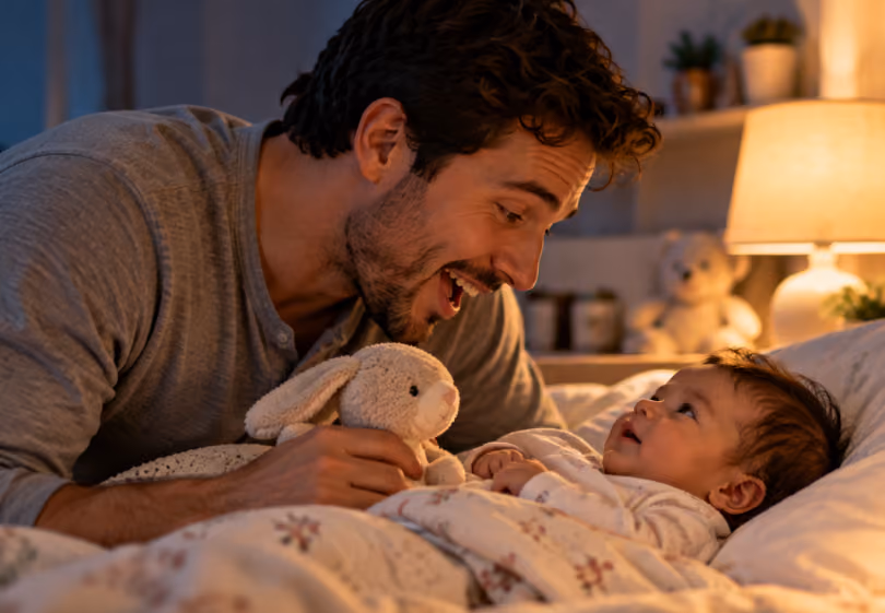 Dad lying on a bed smiling at his baby with a plush bunny at bedtime