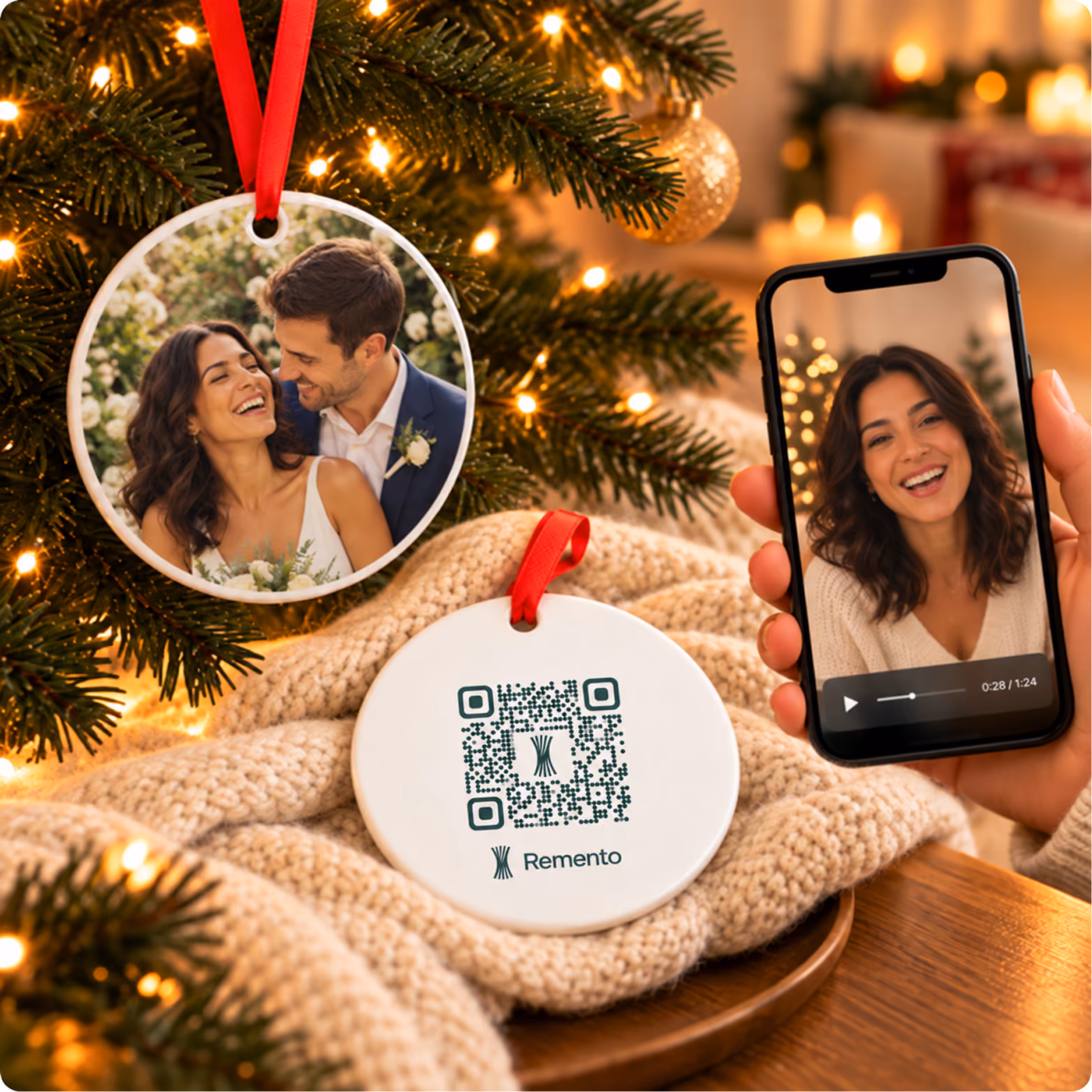 First Christmas married photo ornament of the couple on a tree, QR code back, and phone playing a video message
