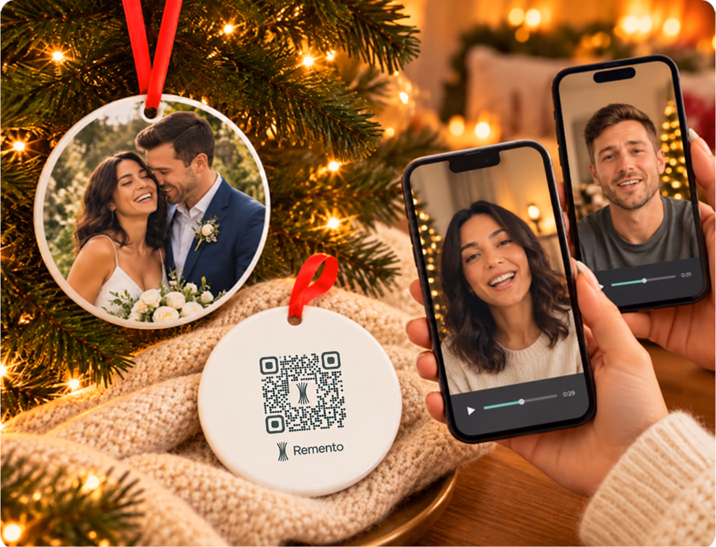 Newlywed photo ornament with QR code back as two phones play the couple's recorded messages