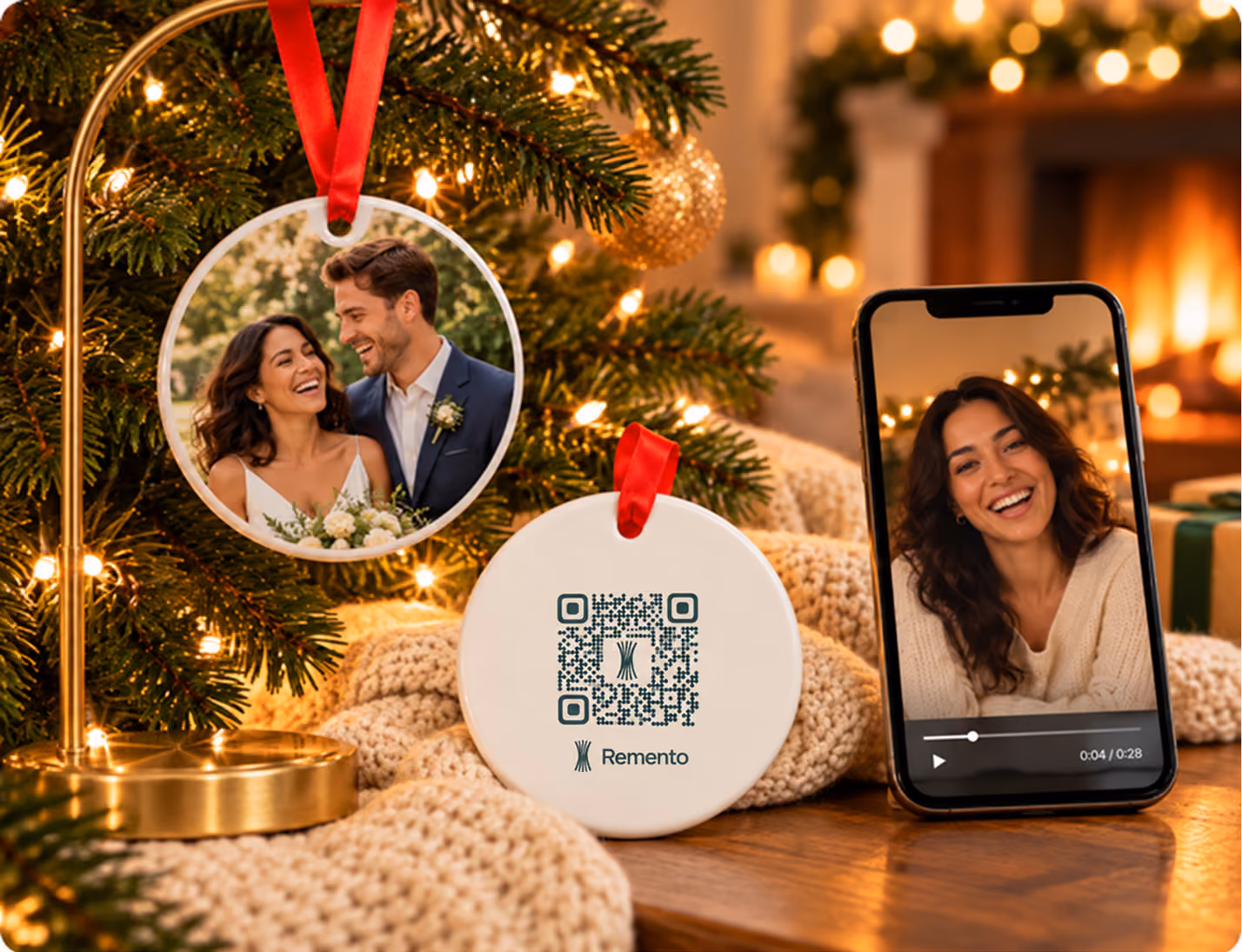First Christmas married photo ornament on a mantel stand with QR code back and a phone playing her story