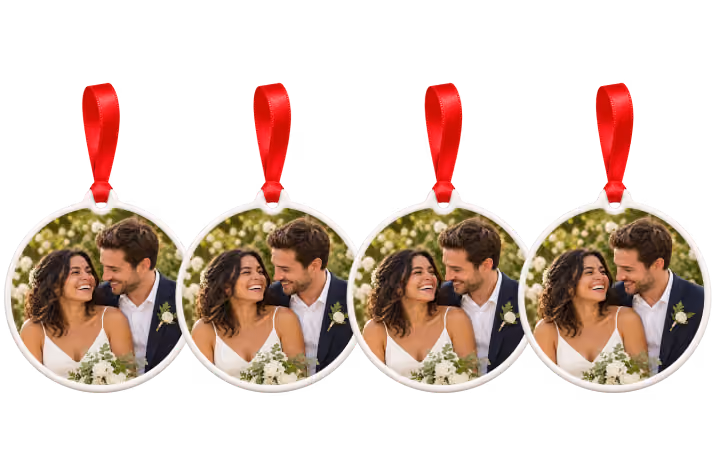 Four matching newlywed photo ornaments with red ribbons, a Christmas ornament bundle