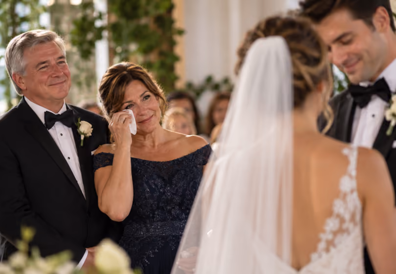 Tearful parents watching the bride and groom at their wedding
