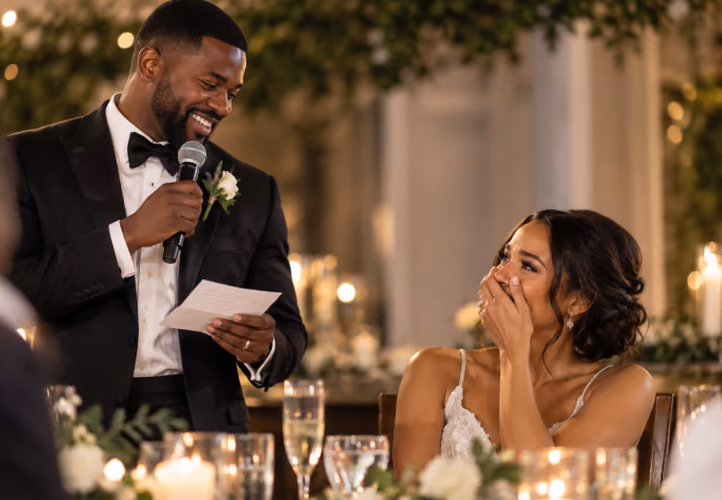 Groom giving a wedding toast with a microphone as his bride laughs at the table