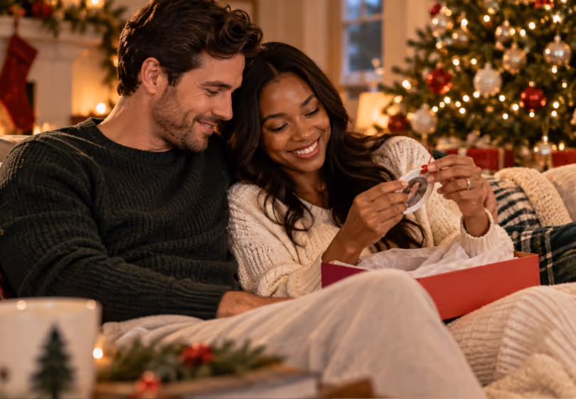 Newlyweds on the couch by the Christmas tree looking at a keepsake together