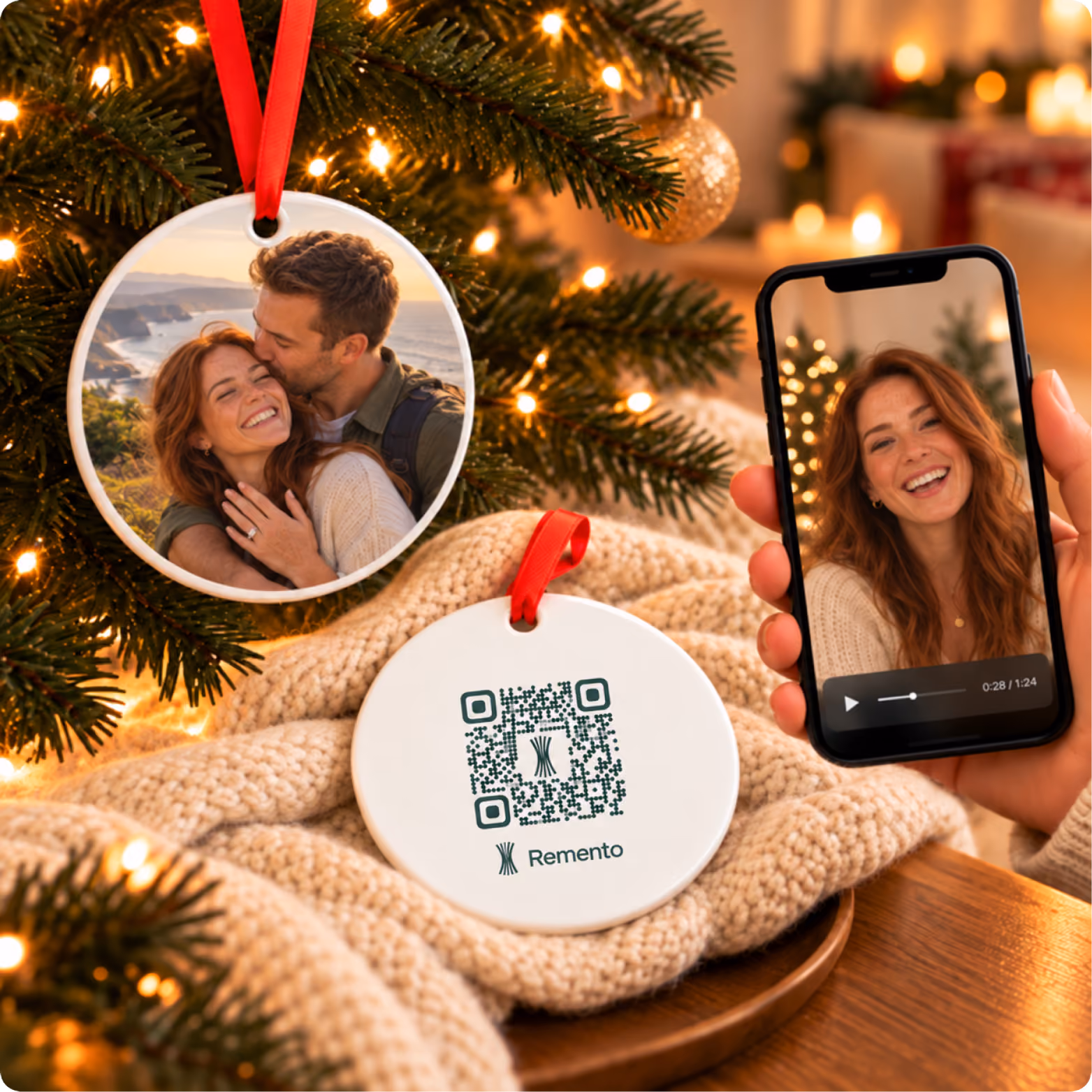 Engagement photo ornament of a kissing couple on a tree, QR code back, and phone playing her video message