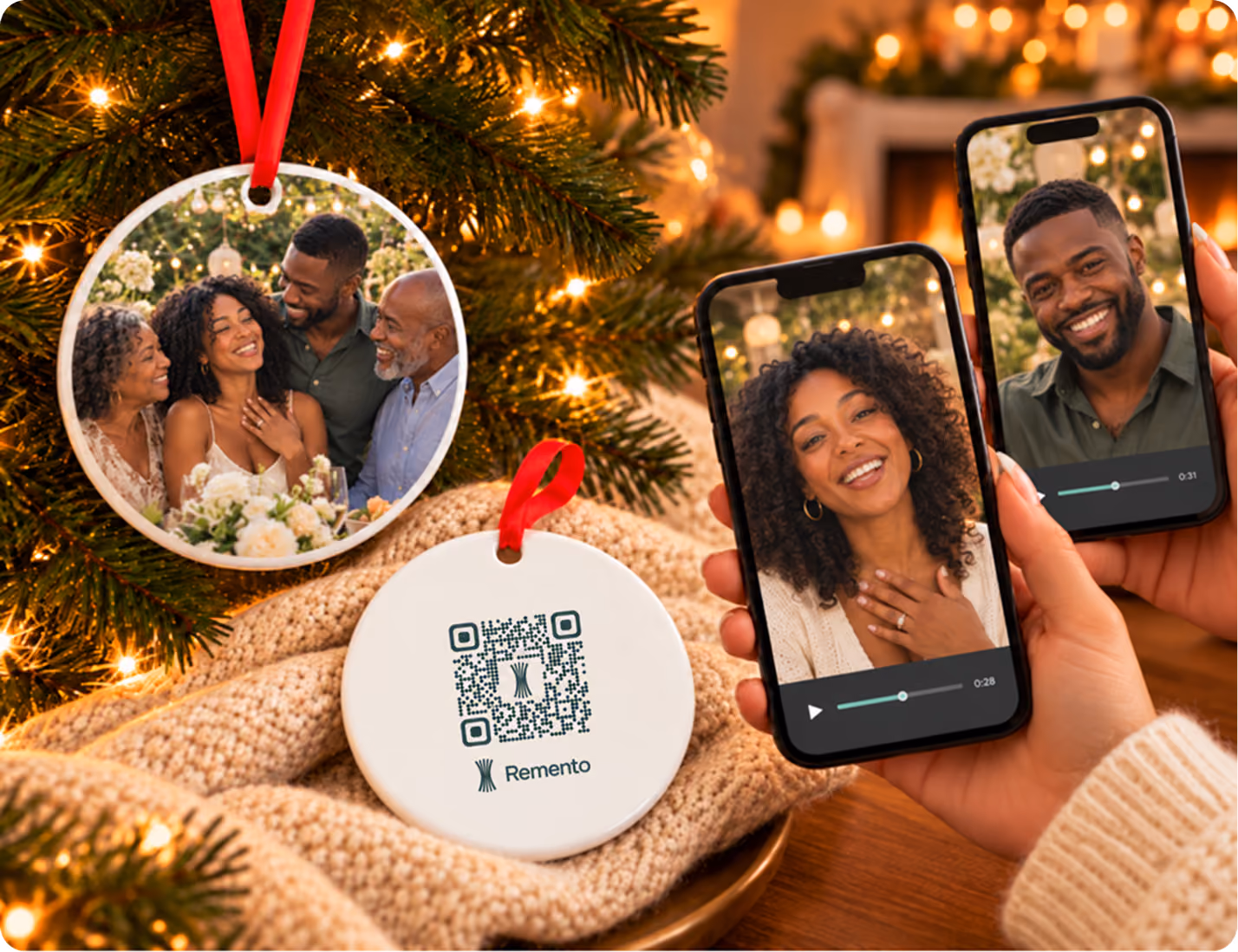 Engagement photo ornament with QR code back as friends play recorded video messages on two phones