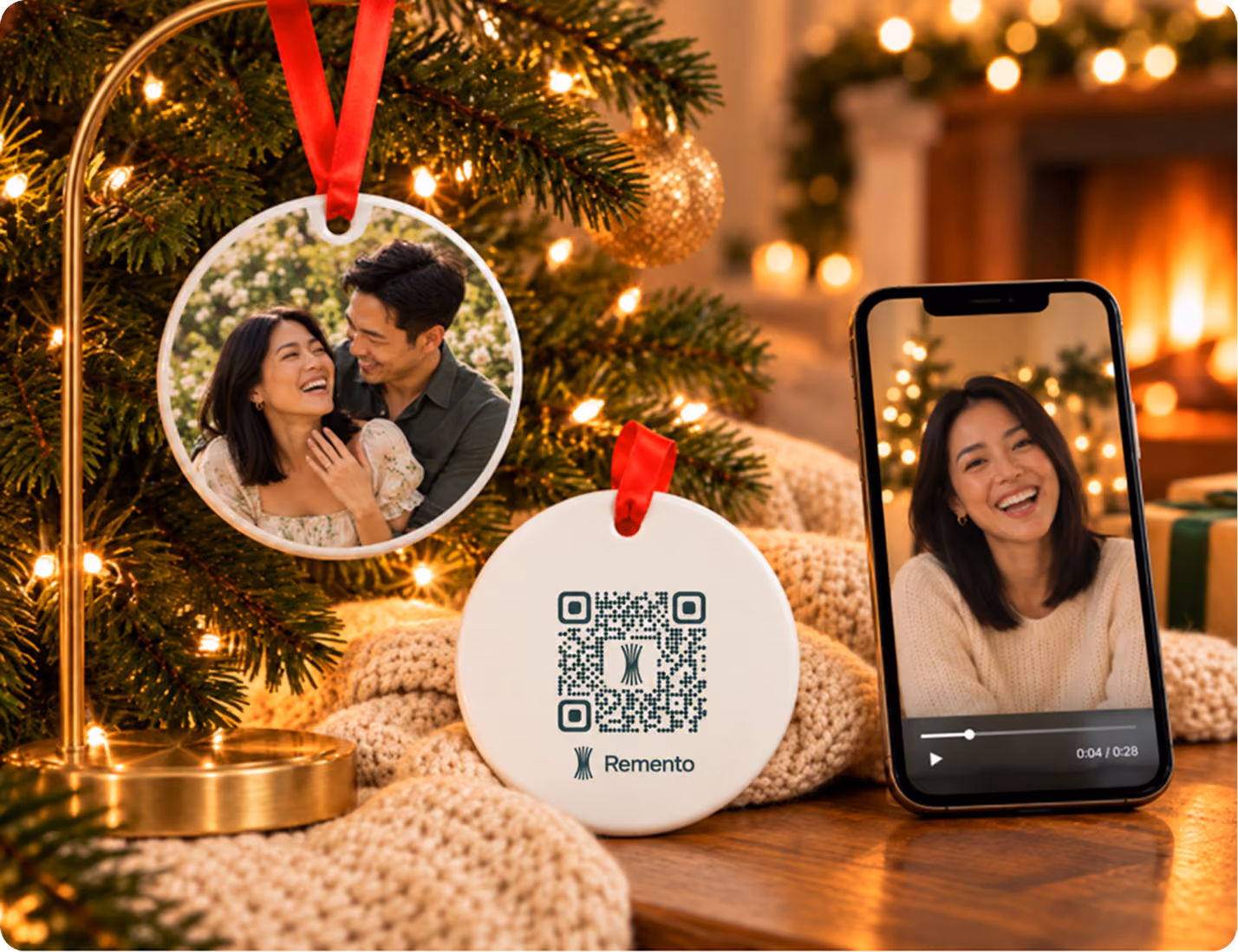 Engagement photo ornament on a mantel stand with its QR code back and a phone playing a recorded story