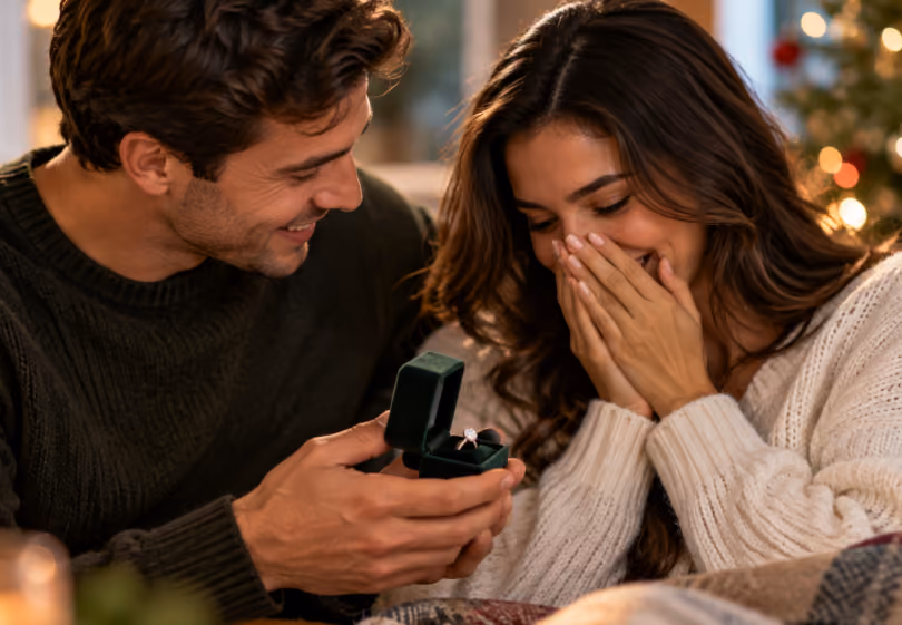 Man opening a ring box as his girlfriend covers her face in surprise by the Christmas tree