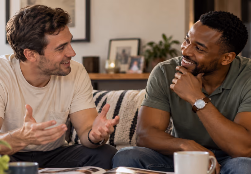 Two friends laughing on a couch as one tells the story of a proposal