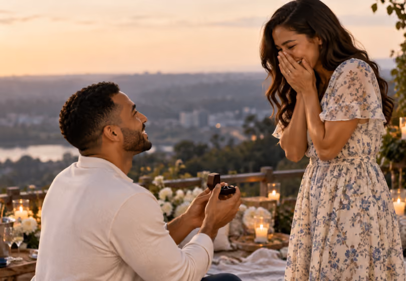 Man kneeling with a ring box proposing to a surprised woman on a terrace at sunset