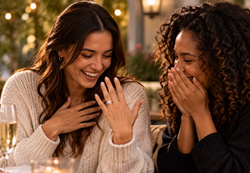 Newly engaged woman showing her ring to a delighted friend
