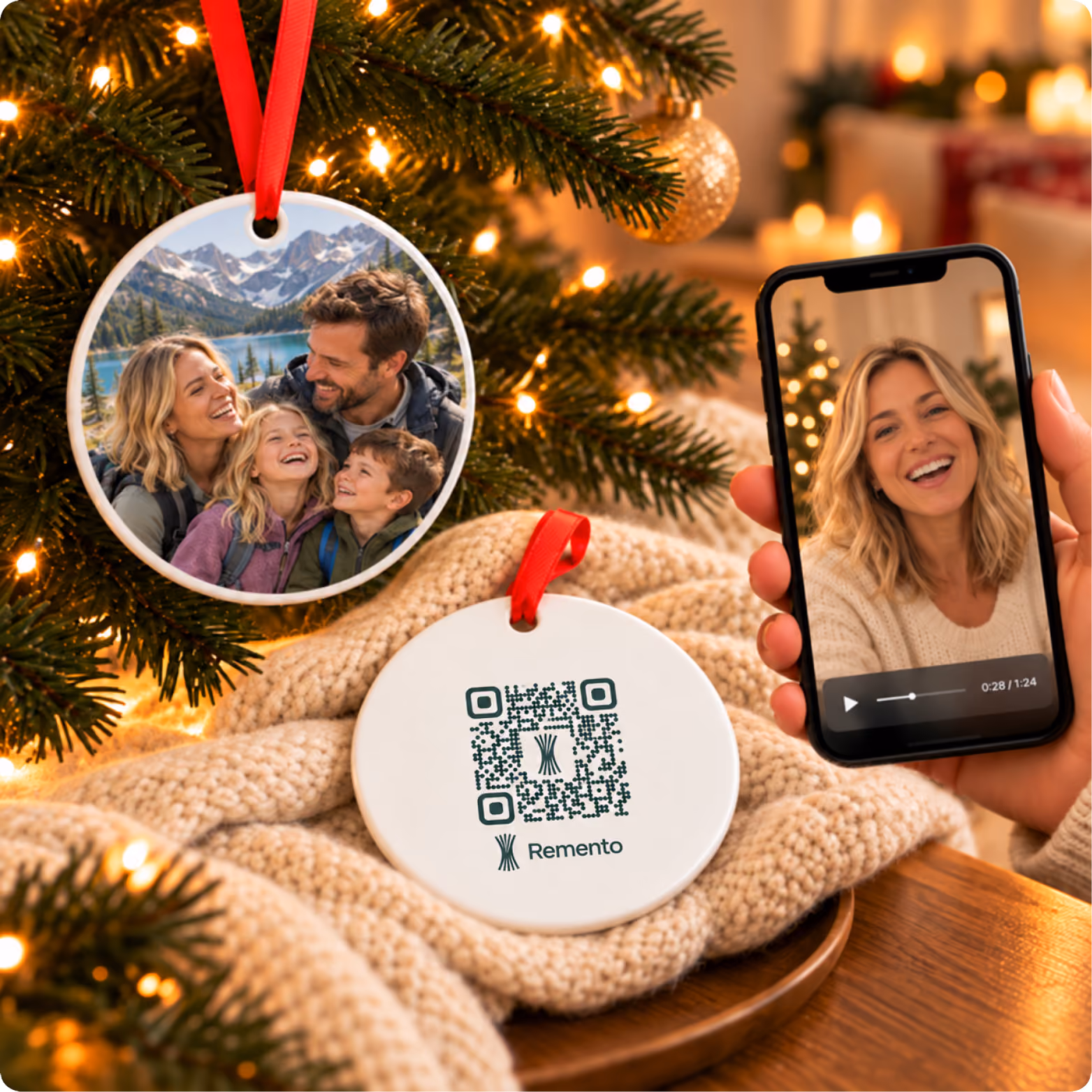 Travel photo ornament of a family in the mountains on a tree, QR code back, and phone playing a video