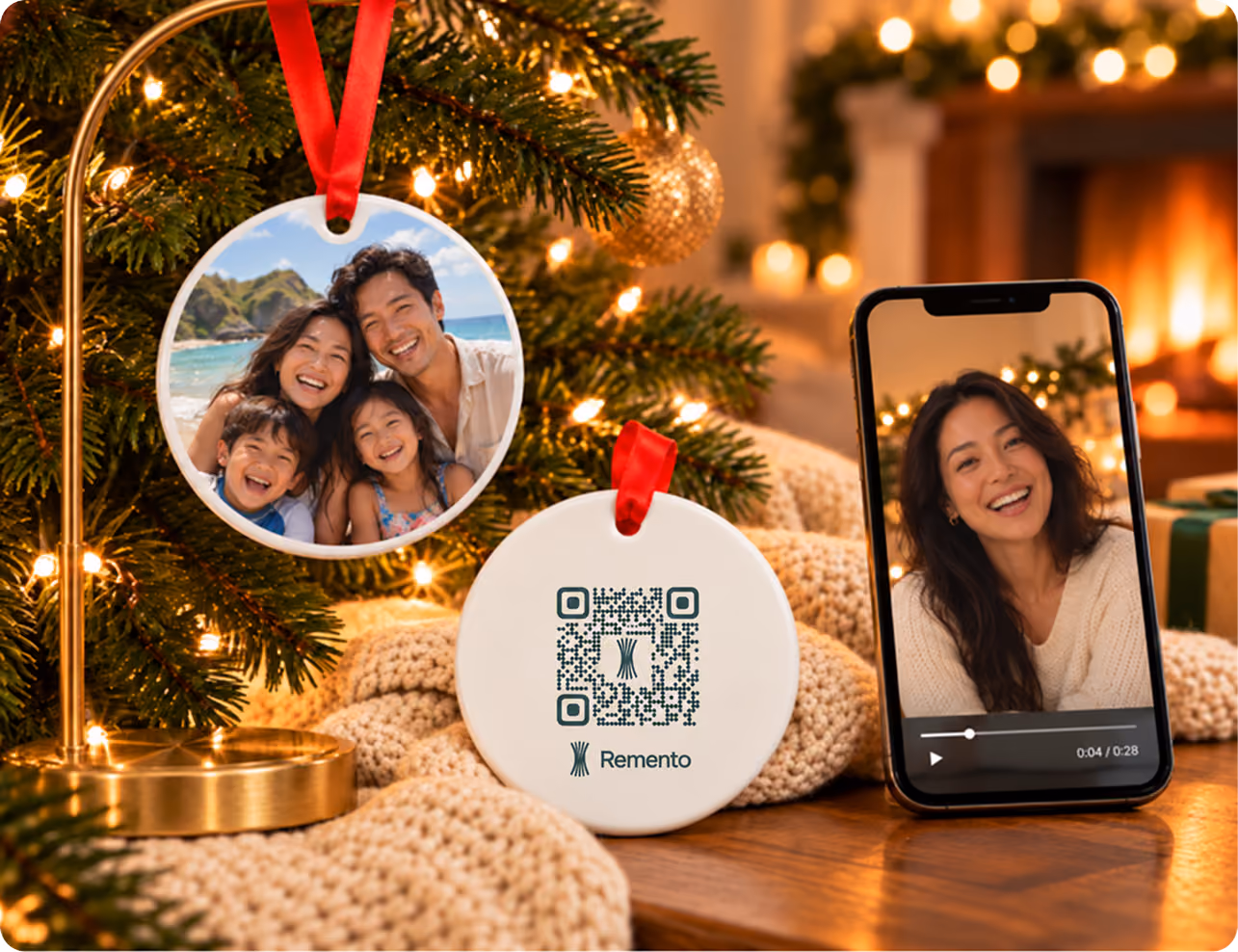 Beach family travel photo ornament on a mantel stand with QR code back and a phone playing a story