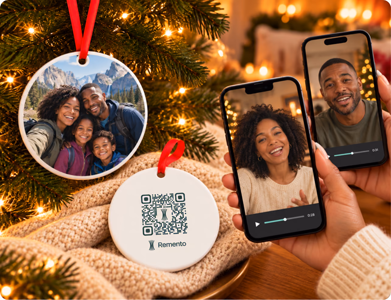 Travel photo ornament with QR code back as two phones play recorded family video messages