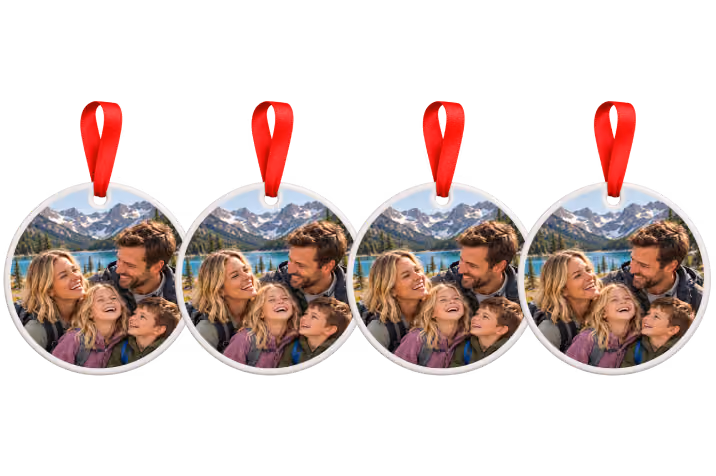 Four matching travel photo ornaments with red ribbons, a Christmas ornament bundle