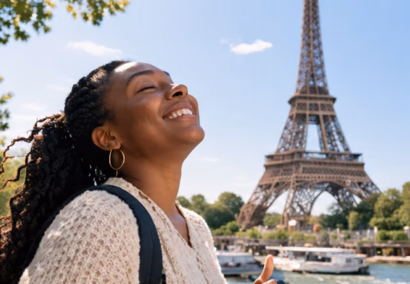 Smiling woman in front of the Eiffel Tower in Paris