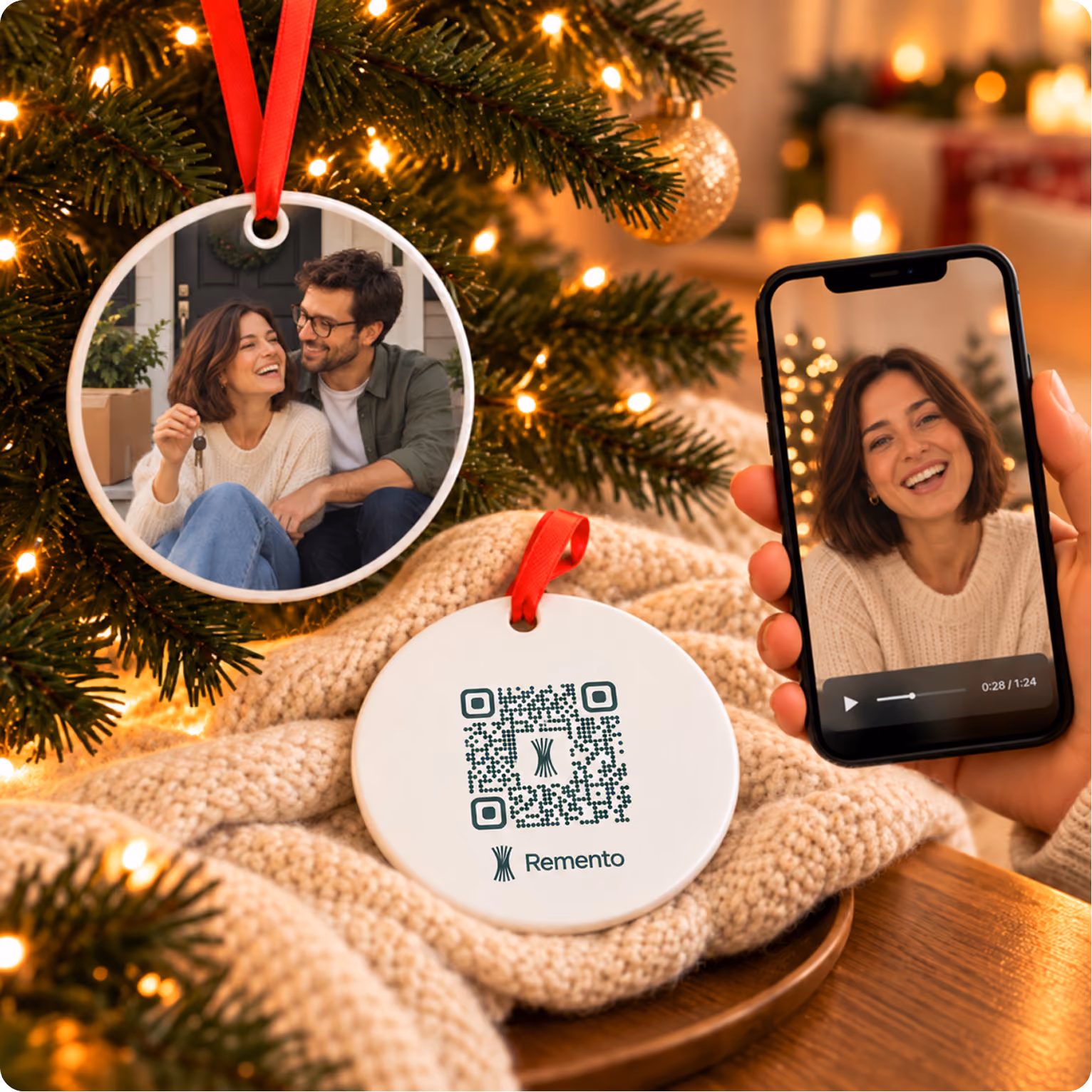 New home photo ornament of a couple on a tree, QR code back, and phone playing her video message