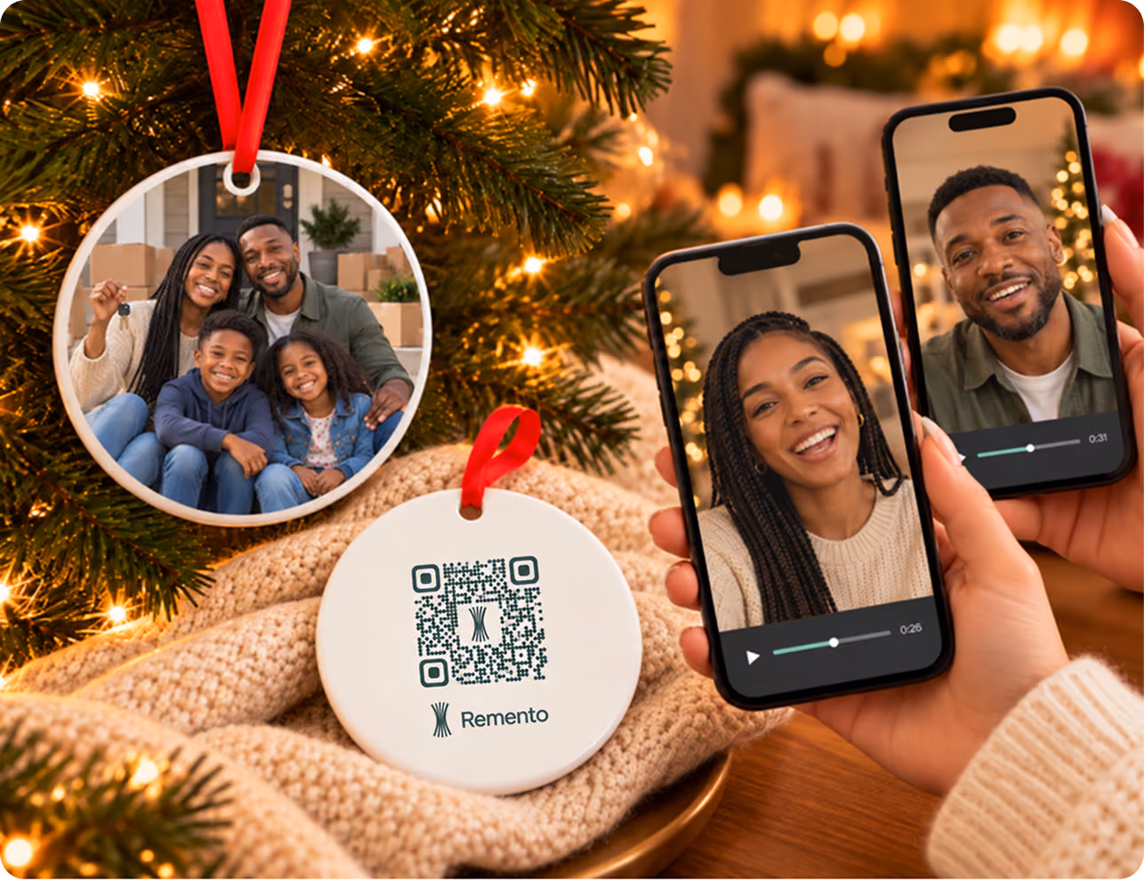 New home photo ornament of a family with QR code back as two phones play recorded messages