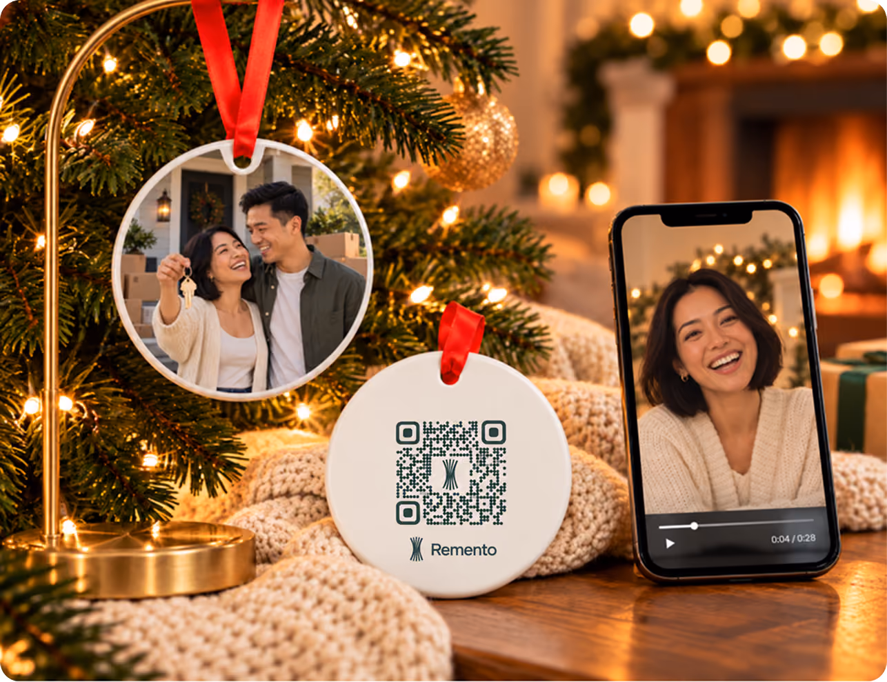 New home photo ornament on a mantel stand with QR code back and a phone playing a recorded story