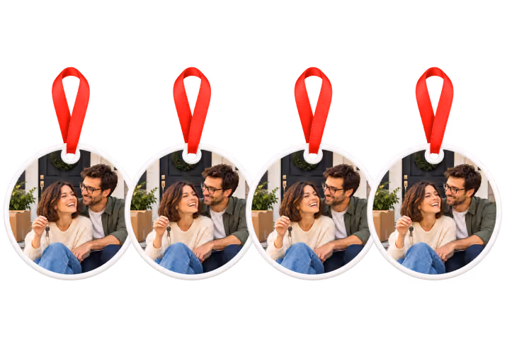 Four matching new home photo ornaments with red ribbons, a Christmas ornament bundle