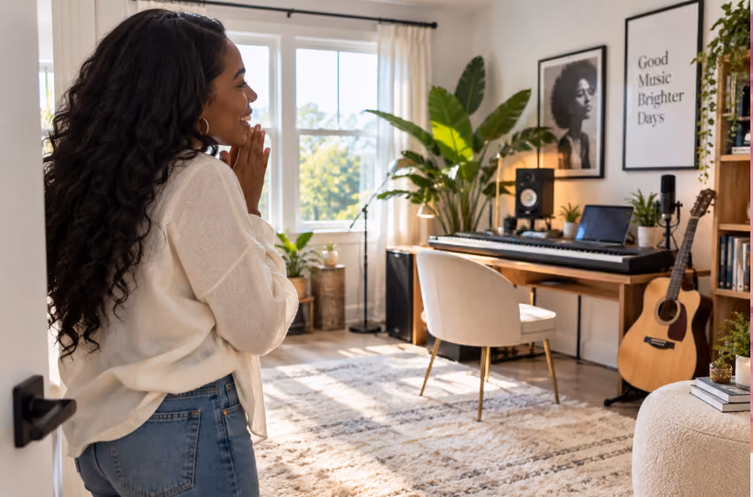 Woman stepping into her new apartment with a piano, guitar and plants