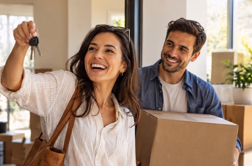 Woman holding up house keys as her partner carries a moving box into their new home