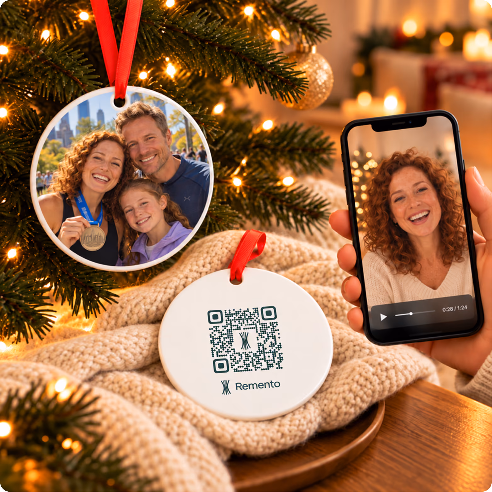 Highlight of the year photo ornament of a family with a medal, QR code back, and phone playing a video