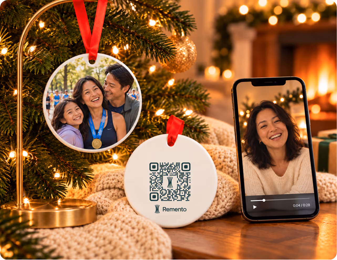 Highlight of the year photo ornament on a mantel stand with QR code back and a phone playing her story