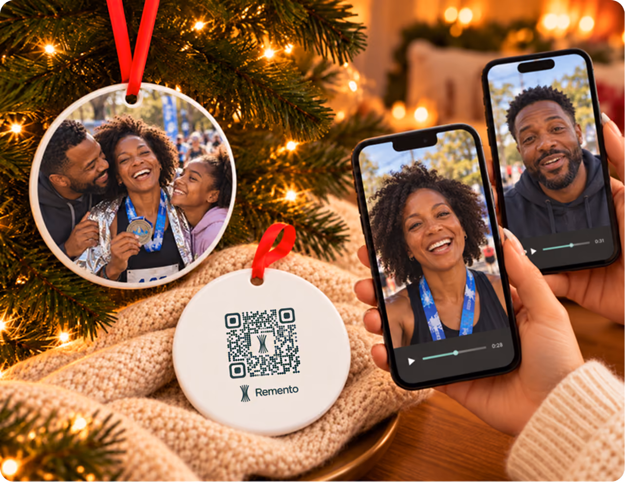 Highlight of the year photo ornament with QR code back as two phones play recorded family messages