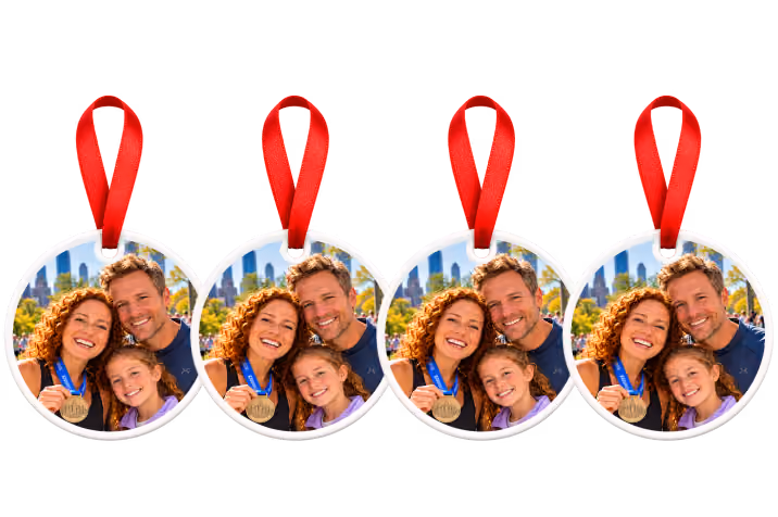 Four matching highlight of the year photo ornaments with red ribbons, a Christmas ornament bundle