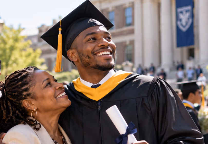 Proud mom hugging her son in cap and gown holding his diploma