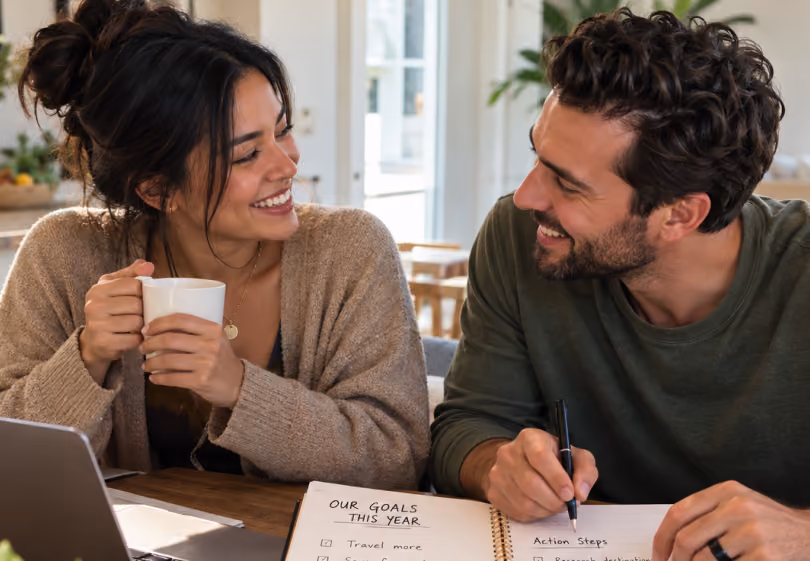 Couple smiling over coffee while writing their goals for the year in a notebook