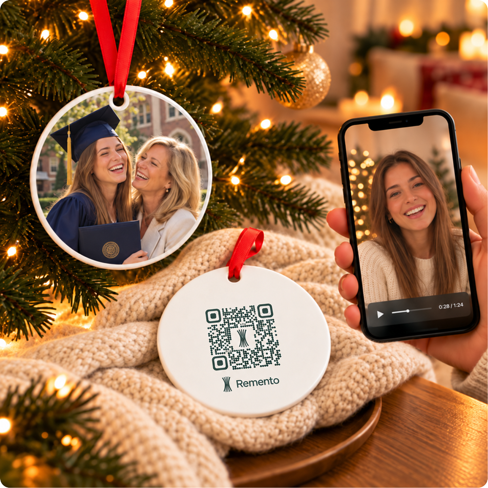 Graduation photo ornament on a tree with its QR code back and a phone playing the graduate's video