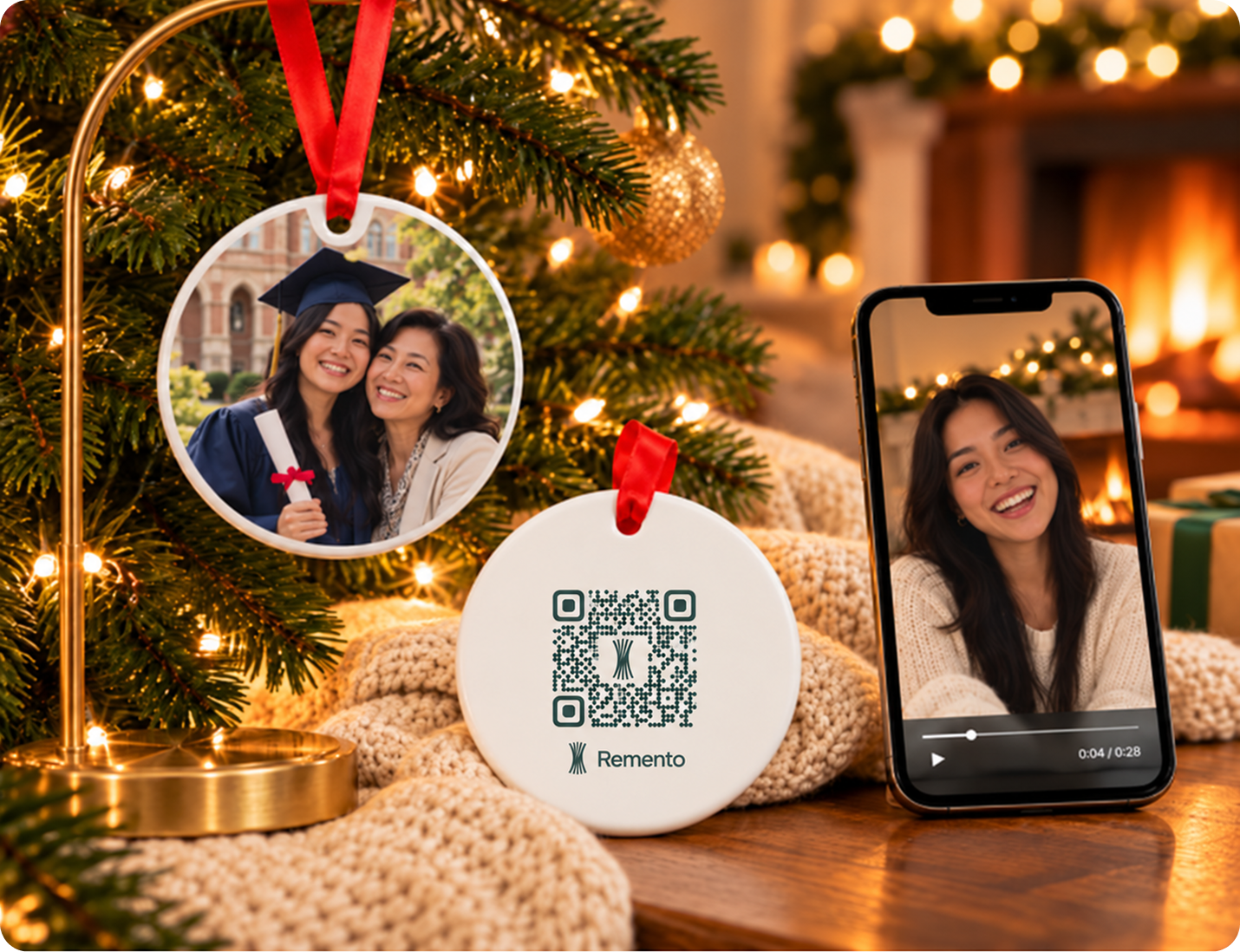 Graduation photo ornament on a mantel stand with QR code back and a phone playing a recorded message