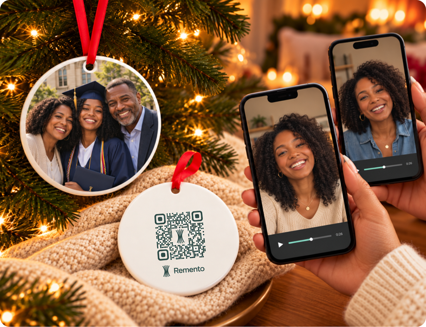 Graduation photo ornament with QR code back as family video messages play on two phones